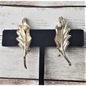 Vintage Clip On Earrings Chunky Long Gold Tone Leaf Faux Pearl Detail